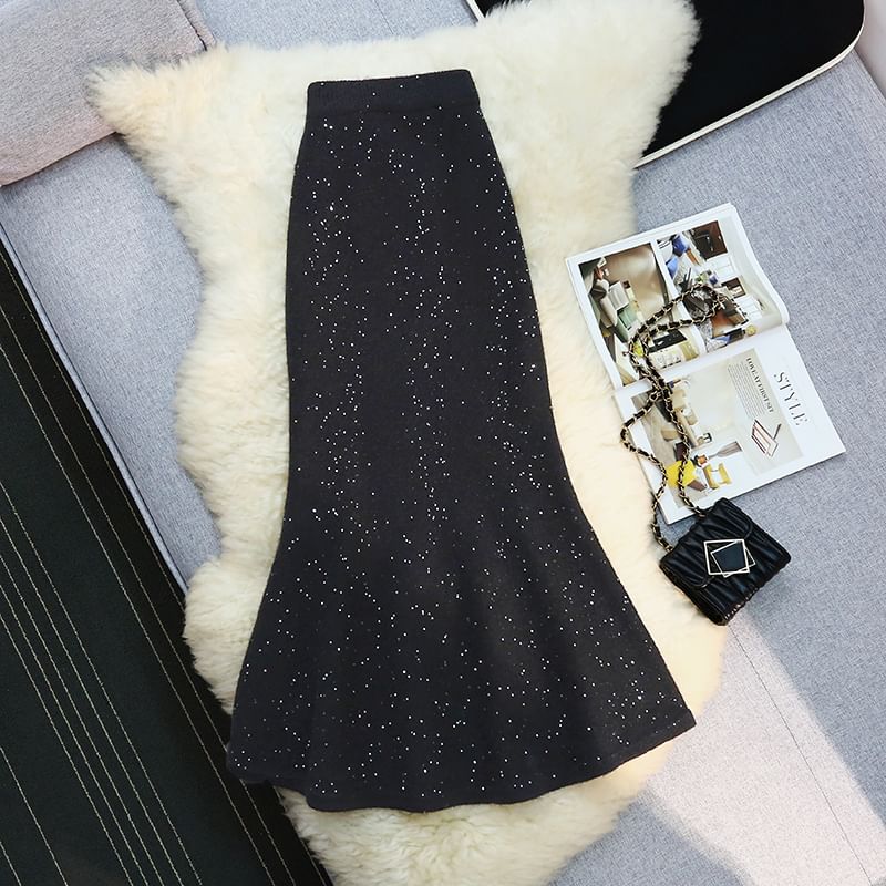 Glitter Fishtail Midi Skirt with High Waist