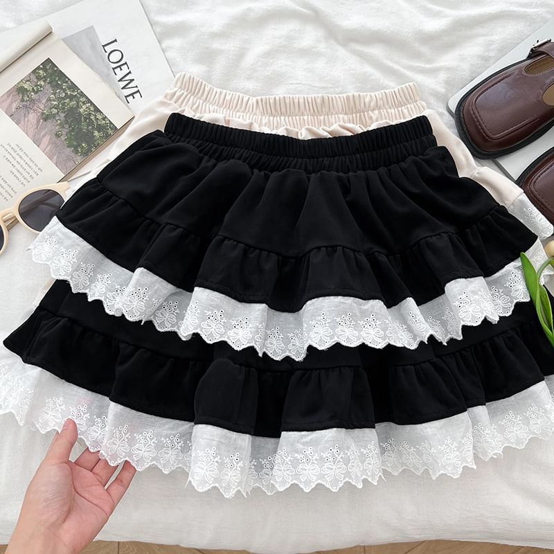 Lace Trim Mini A-Line Skirt with High Waist