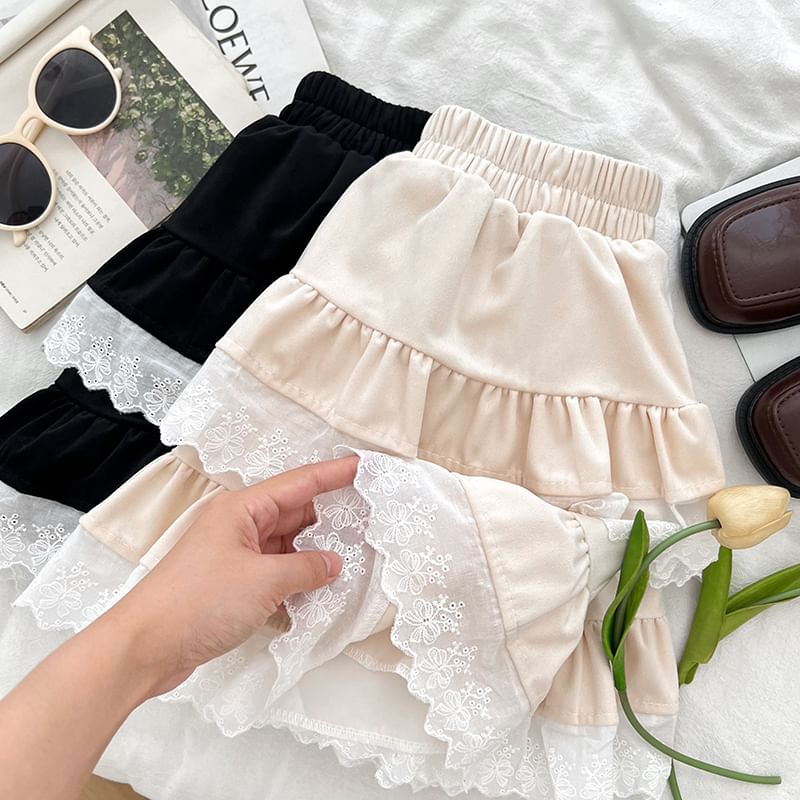 Lace Trim Mini A-Line Skirt with High Waist
