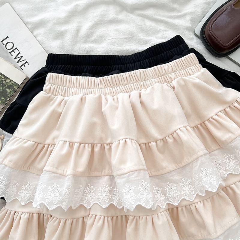 Lace Trim Mini A-Line Skirt with High Waist