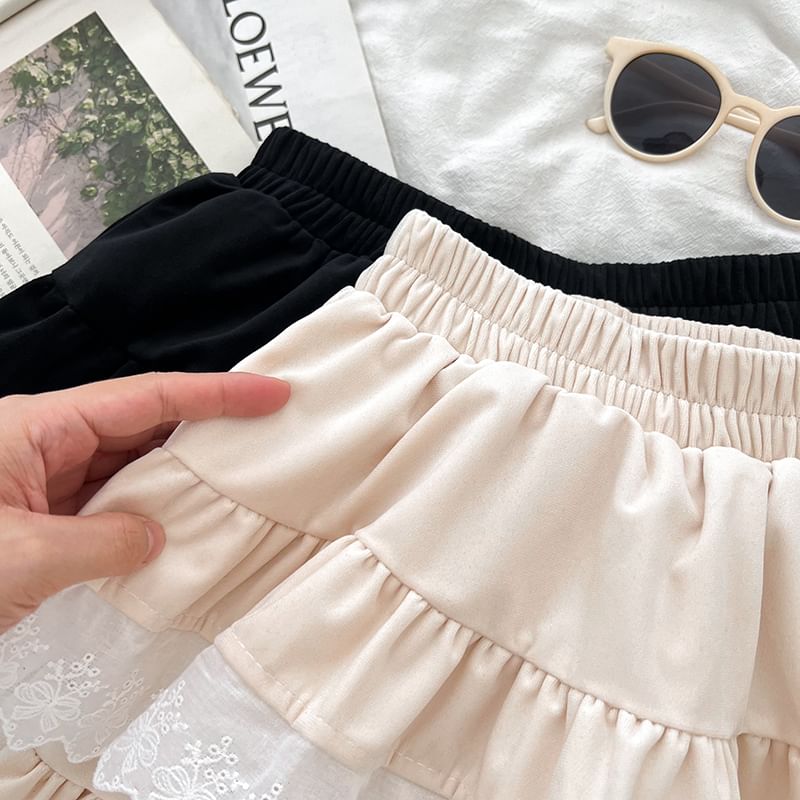 Lace Trim Mini A-Line Skirt with High Waist