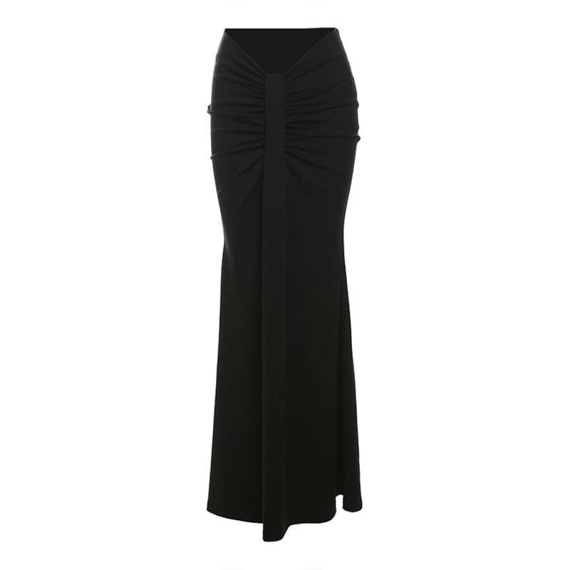 Mock Neck Lace Panel Top and Ruched Maxi Skirt Set