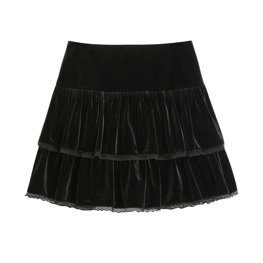 Lace Trimmed Velvet Mini Skirt with Layers - High Waist