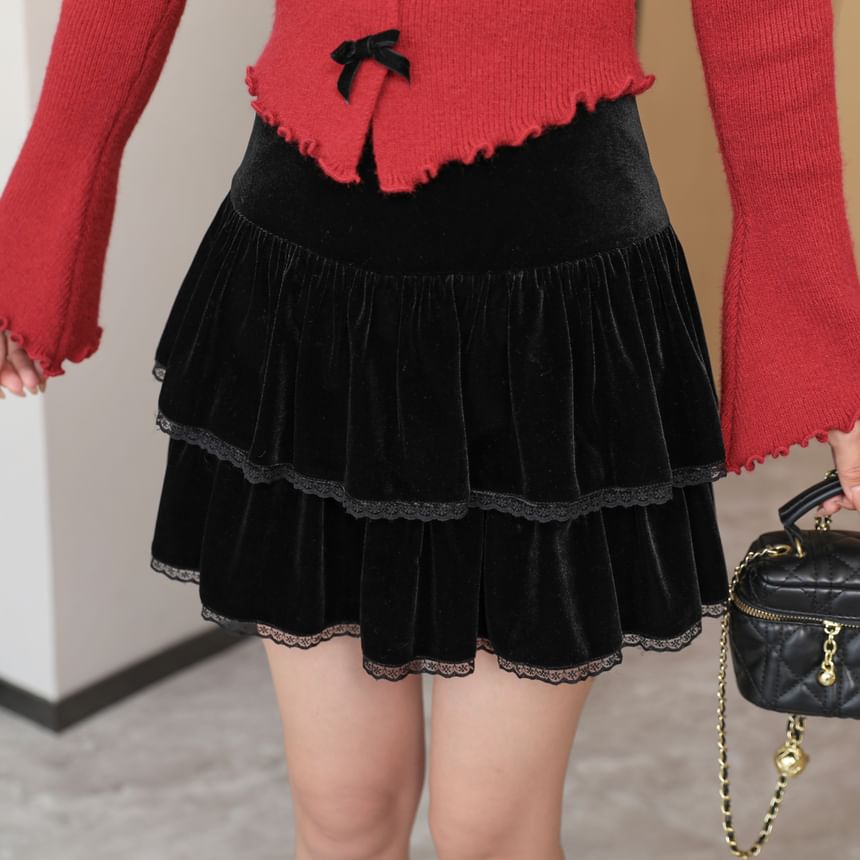 Lace Trimmed Velvet Mini Skirt with Layers - High Waist