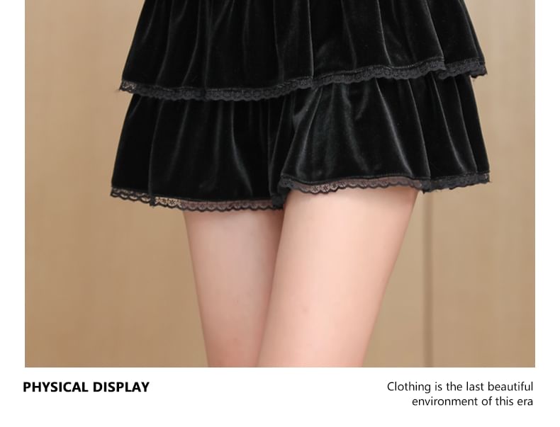 Lace Trimmed Velvet Mini Skirt with Layers - High Waist