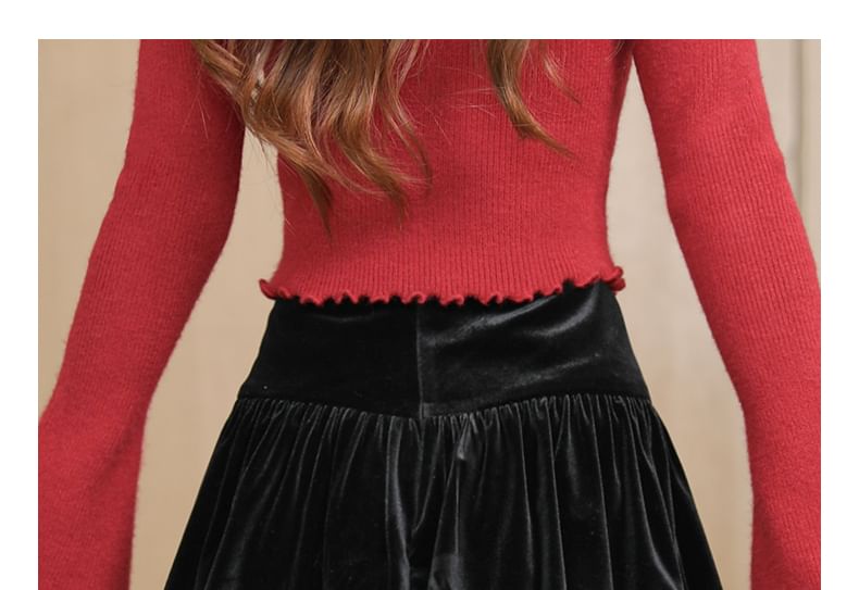 Lace Trimmed Velvet Mini Skirt with Layers - High Waist