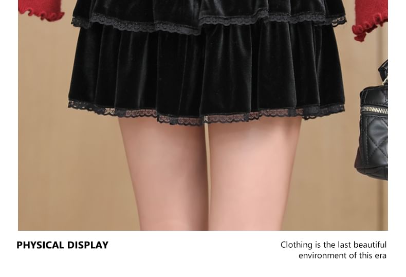 Lace Trimmed Velvet Mini Skirt with Layers - High Waist