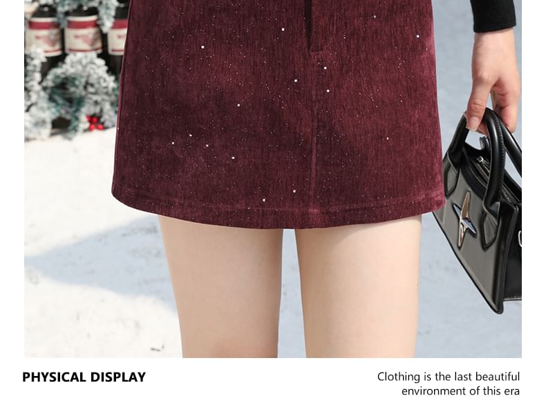 Shimmer Corduroy Mini Pencil Skirt - High Waist