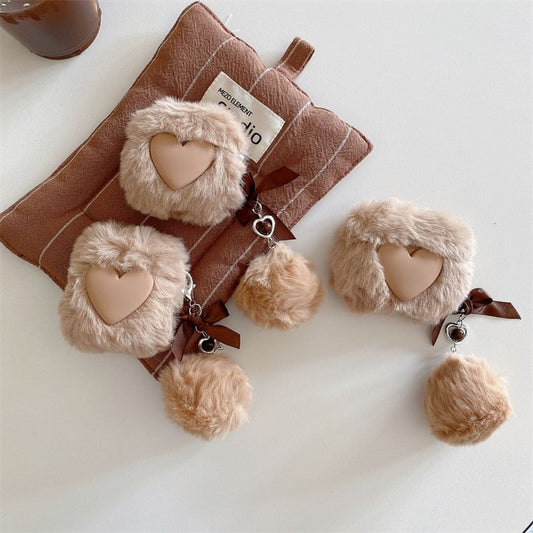Heart Faux Fur Pom Pom Charm AirPods / Pro Earphone Case Skin