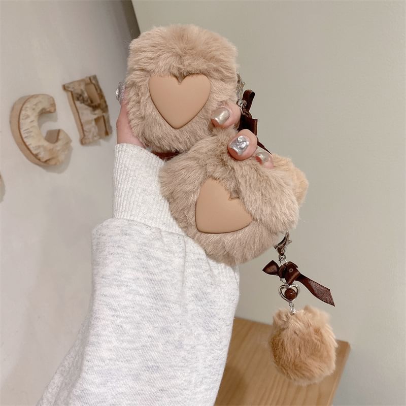 Heart Faux Fur Pom Pom Charm AirPods / Pro Earphone Case Skin
