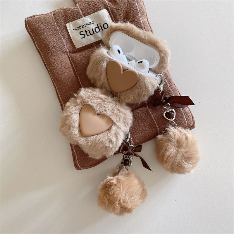 Heart Faux Fur Pom Pom Charm AirPods / Pro Earphone Case Skin