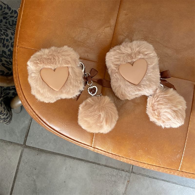 Heart Faux Fur Pom Pom Charm AirPods / Pro Earphone Case Skin