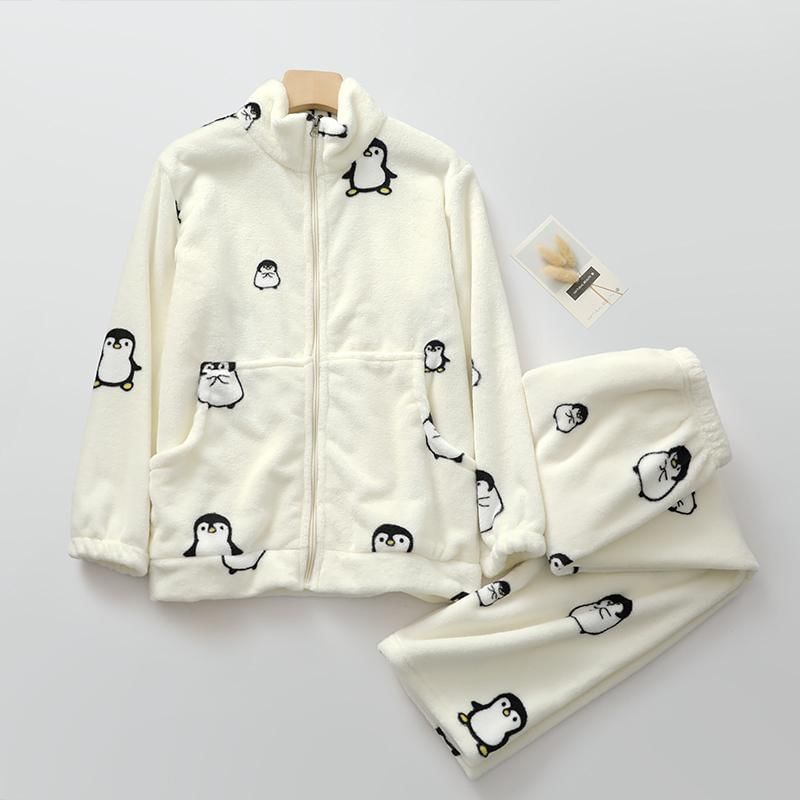 Couple Matching Pajama Set: Long-Sleeve Penguin Print Top + Pants (Various Designs)