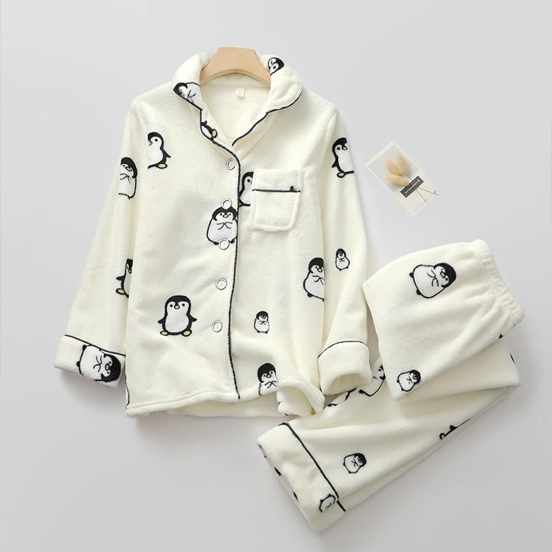 Couple Matching Pajama Set: Long-Sleeve Penguin Print Top + Pants (Various Designs)