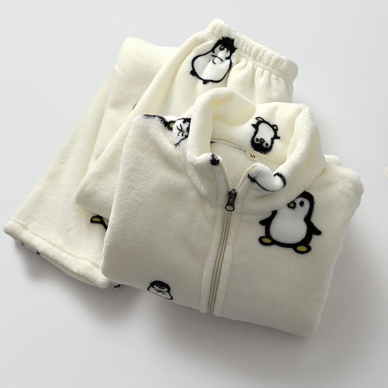 Couple Matching Pajama Set: Long-Sleeve Penguin Print Top + Pants (Various Designs)