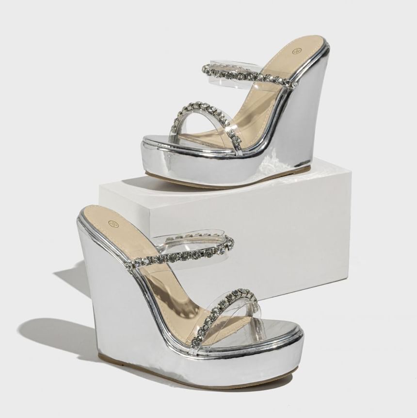 Wedge Heel PVC Strap Rhinestone Accent Sandals
