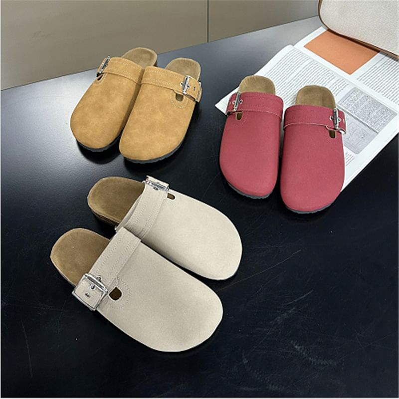 Plain Buckled Faux Suede Mules