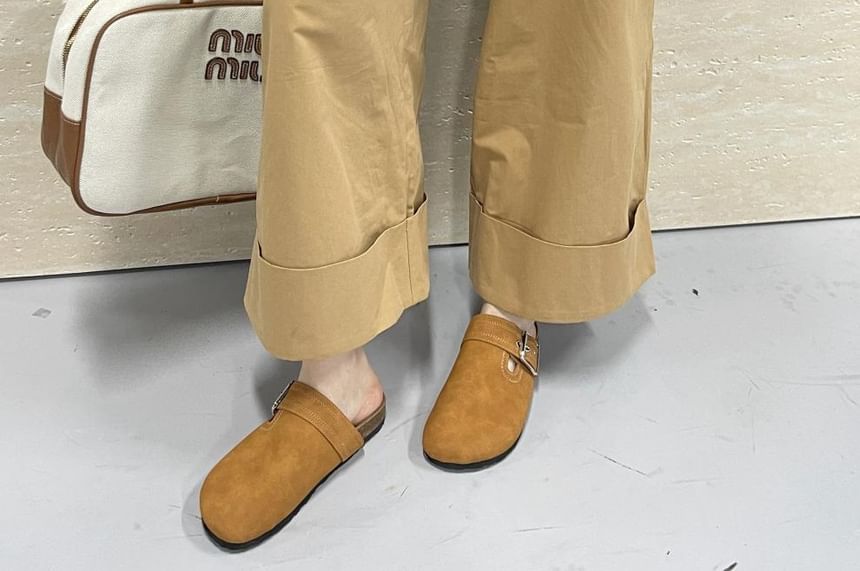 Plain Buckled Faux Suede Mules