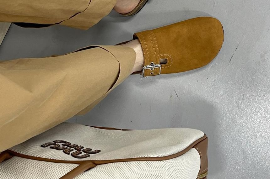 Plain Buckled Faux Suede Mules
