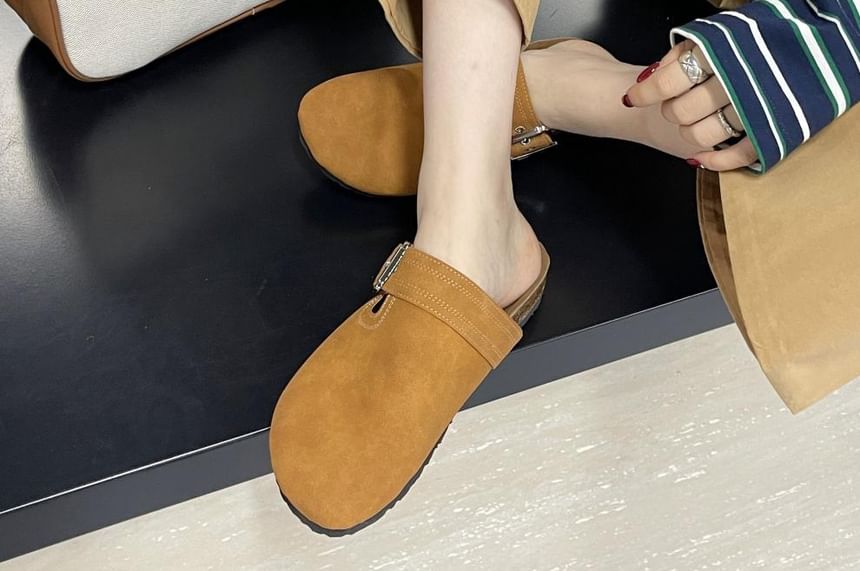 Plain Buckled Faux Suede Mules