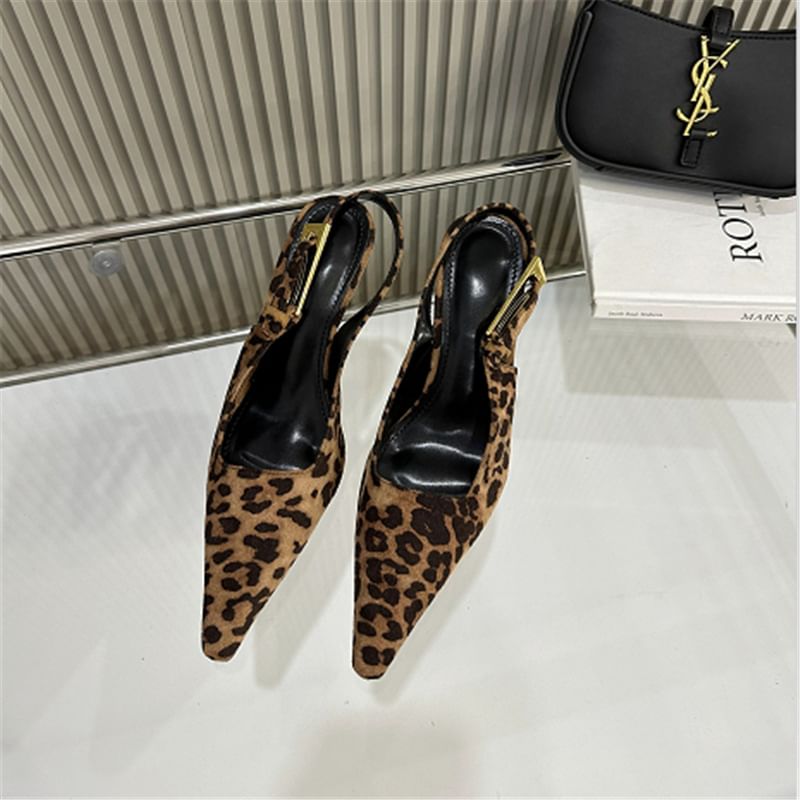 High Heel Pointed Toe Leopard Print Slingback Sandals