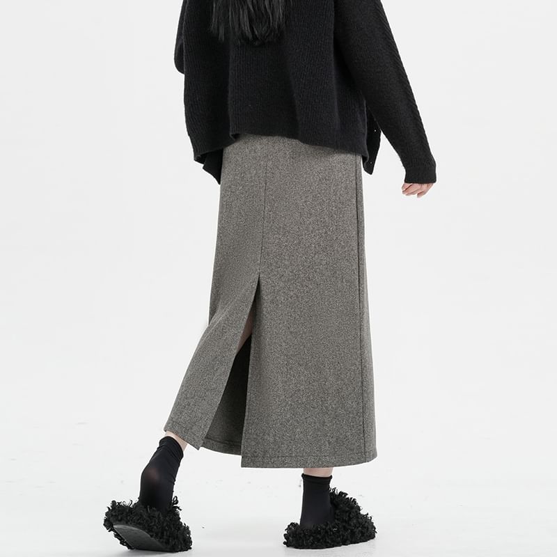 Slit Midi Straight Skirt with High Waist