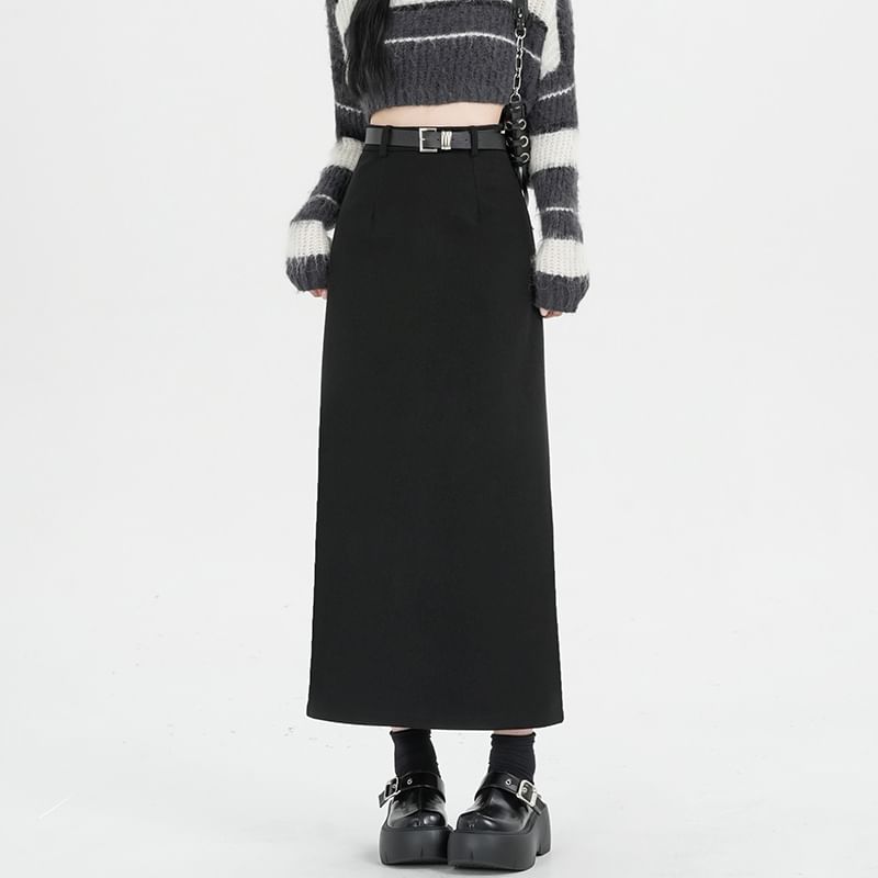Slit Midi Straight Skirt with High Waist