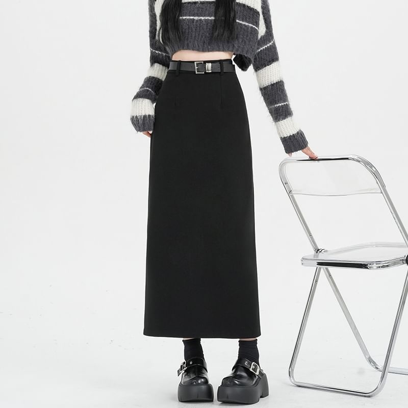 Slit Midi Straight Skirt with High Waist
