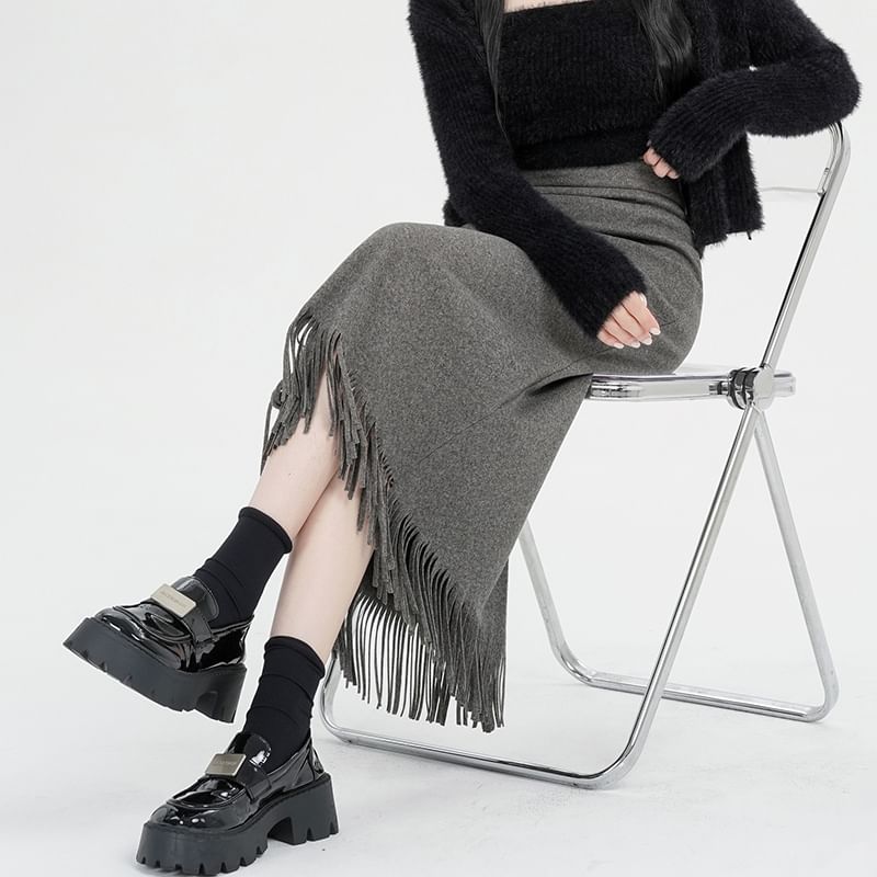 Fringed Midi A-Line Skirt with High Rise
