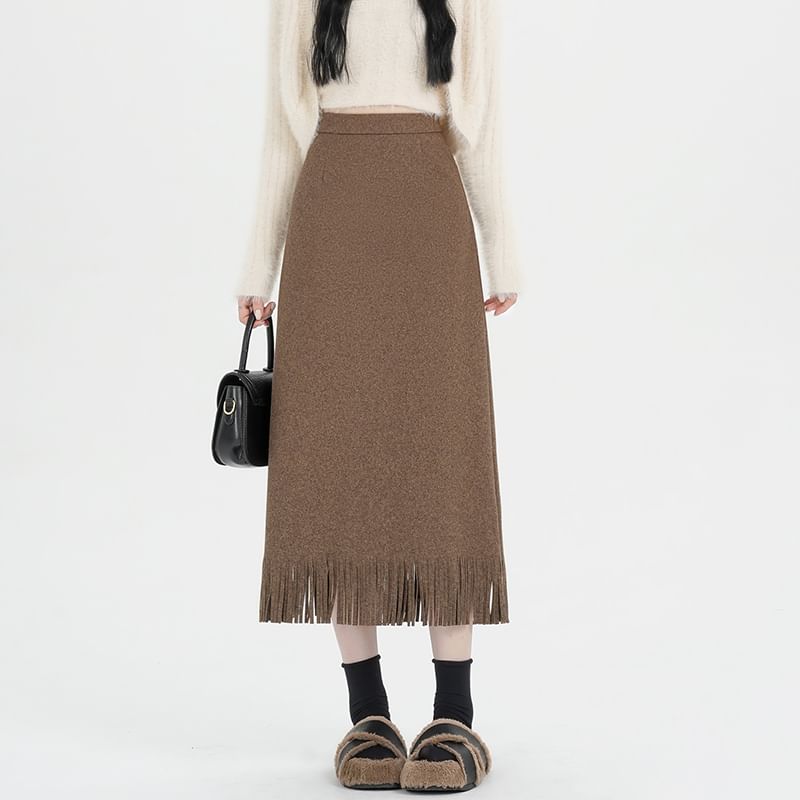 Fringed Midi A-Line Skirt with High Rise