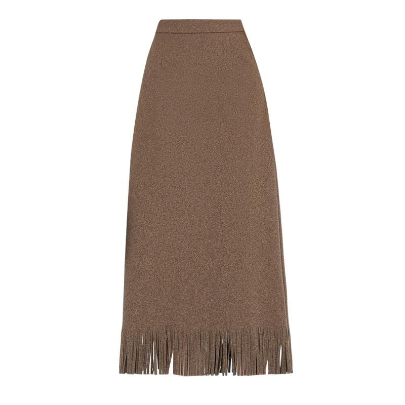 Fringed Midi A-Line Skirt with High Rise