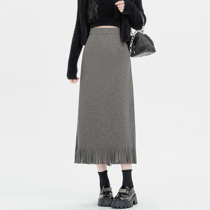 Fringed Midi A-Line Skirt with High Rise
