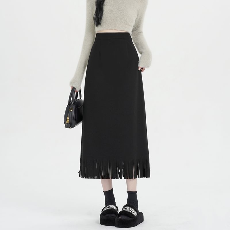 Fringed Midi A-Line Skirt with High Rise