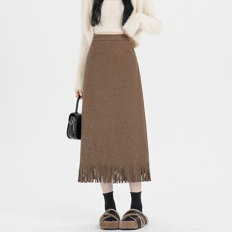 Fringed Midi A-Line Skirt with High Rise