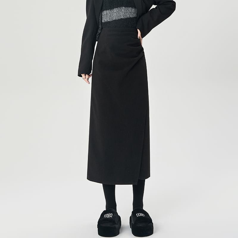Asymmetric Ruched Midi Pencil Skirt with Side Slit - High Rise