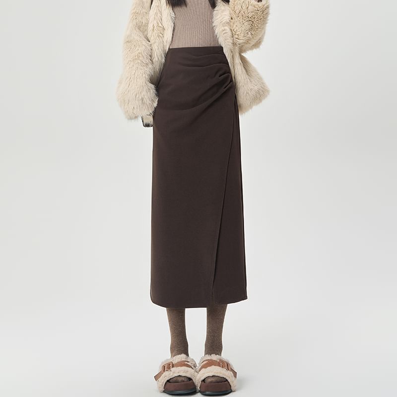 Asymmetric Ruched Midi Pencil Skirt with Side Slit - High Rise