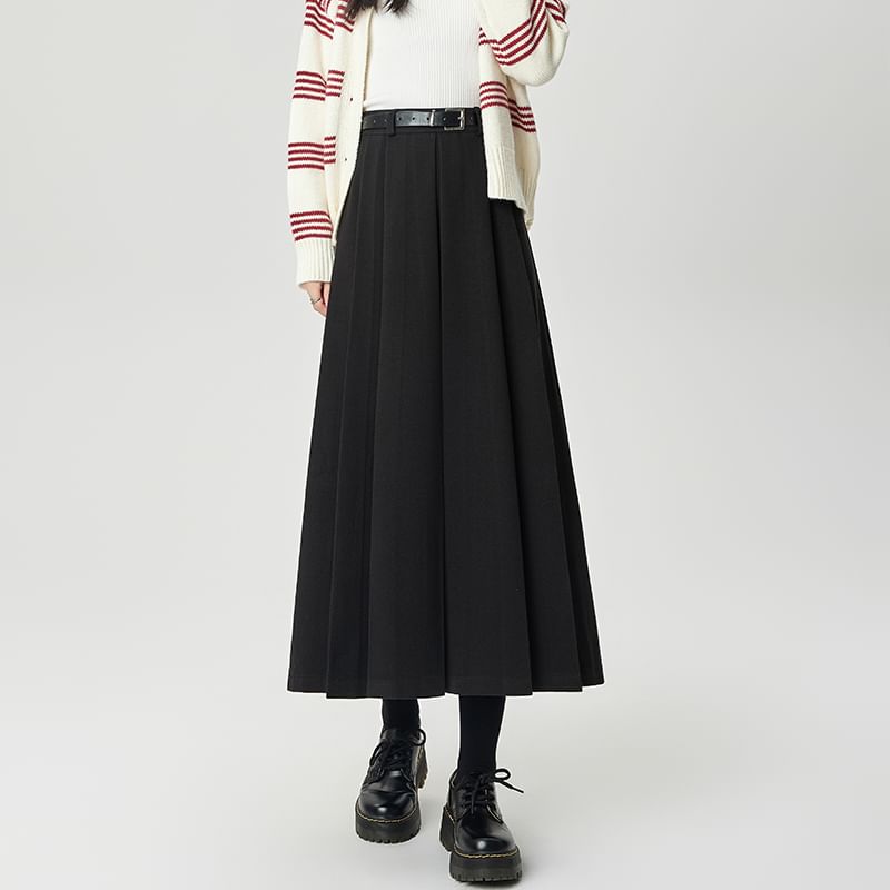 Pleated Flared Midi Skirt - High Waist