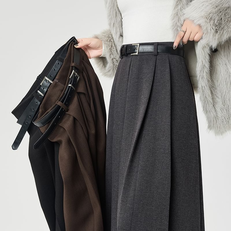 Pleated Flared Midi Skirt - High Waist