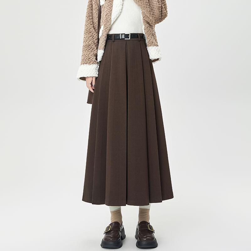 Pleated Flared Midi Skirt - High Waist