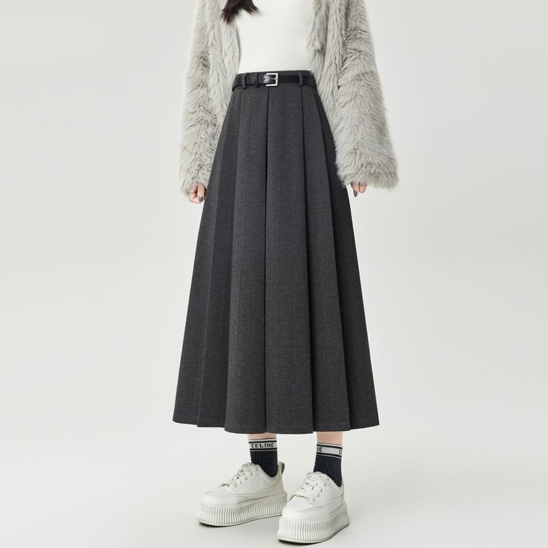 Pleated Flared Midi Skirt - High Waist