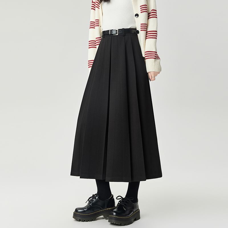 Pleated Flared Midi Skirt - High Waist