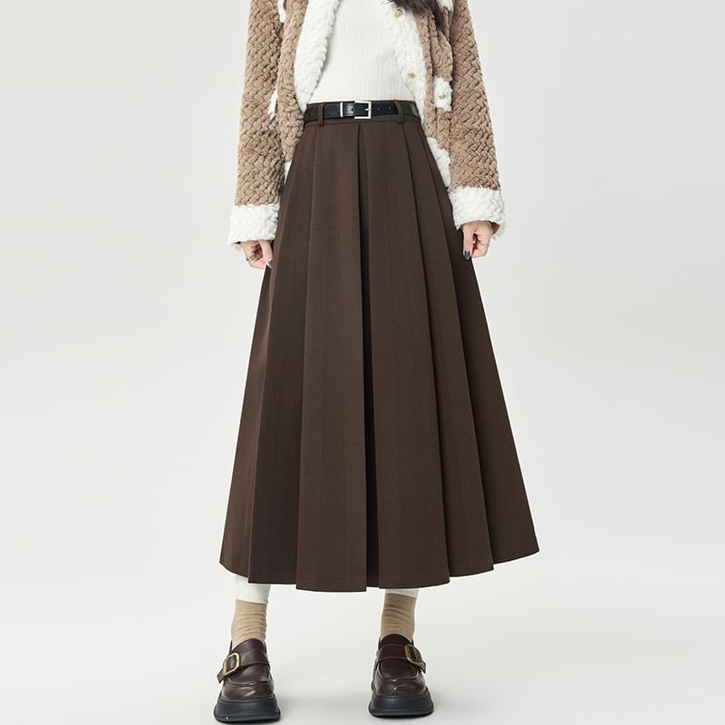 Pleated Flared Midi Skirt - High Waist