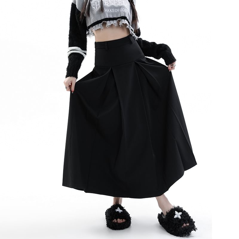 Pleated A-Line Suit Skirt - High Rise