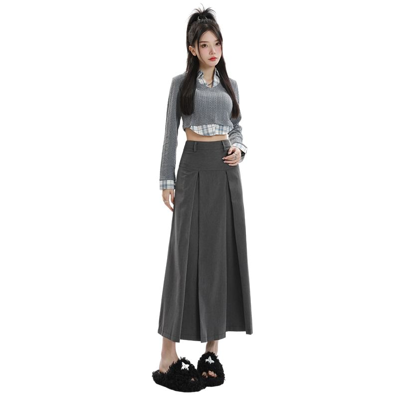 Pleated A-Line Suit Skirt - High Rise