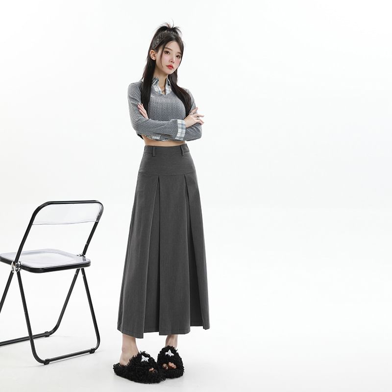 Pleated A-Line Suit Skirt - High Rise