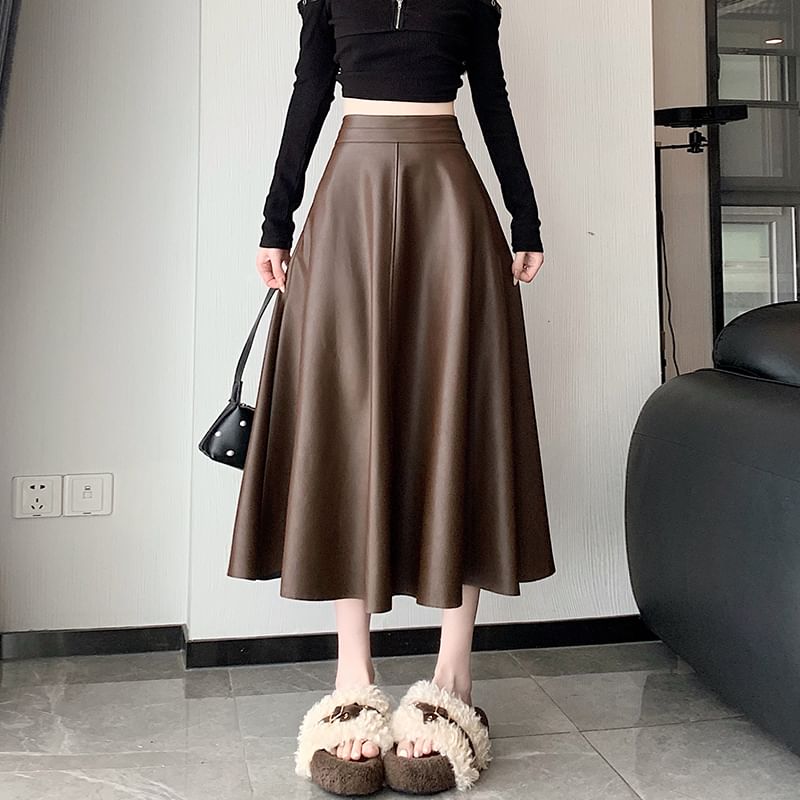 Faux Leather Midi Skirt - High Waist
