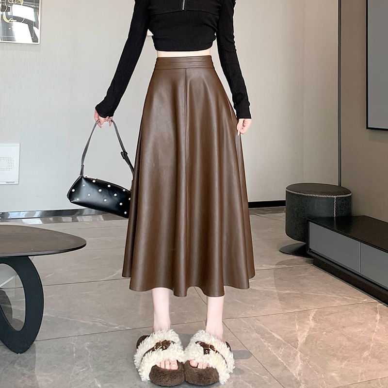 Faux Leather Midi Skirt - High Waist