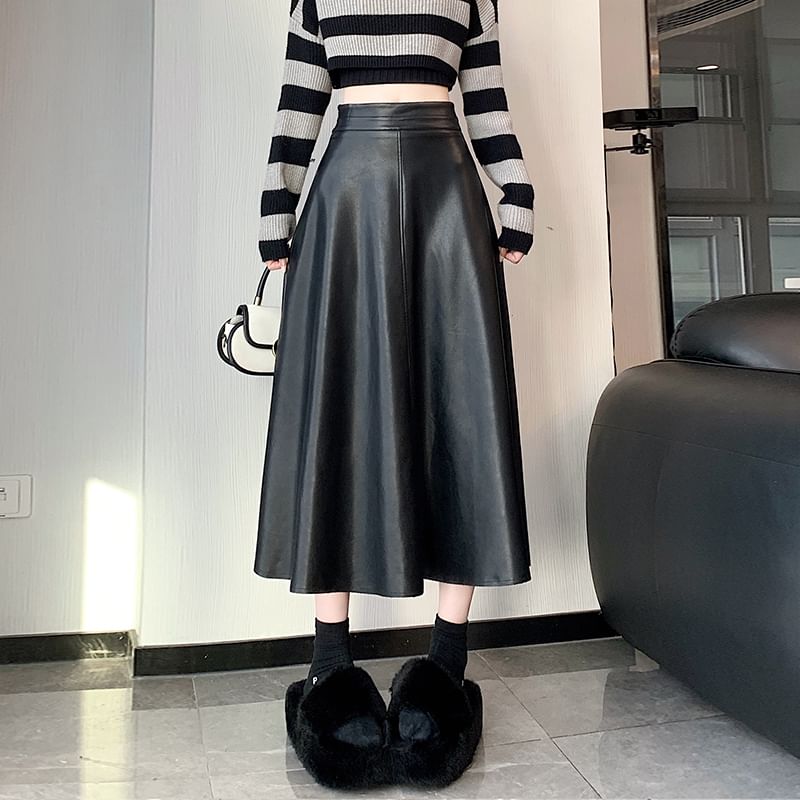 Faux Leather Midi Skirt - High Waist