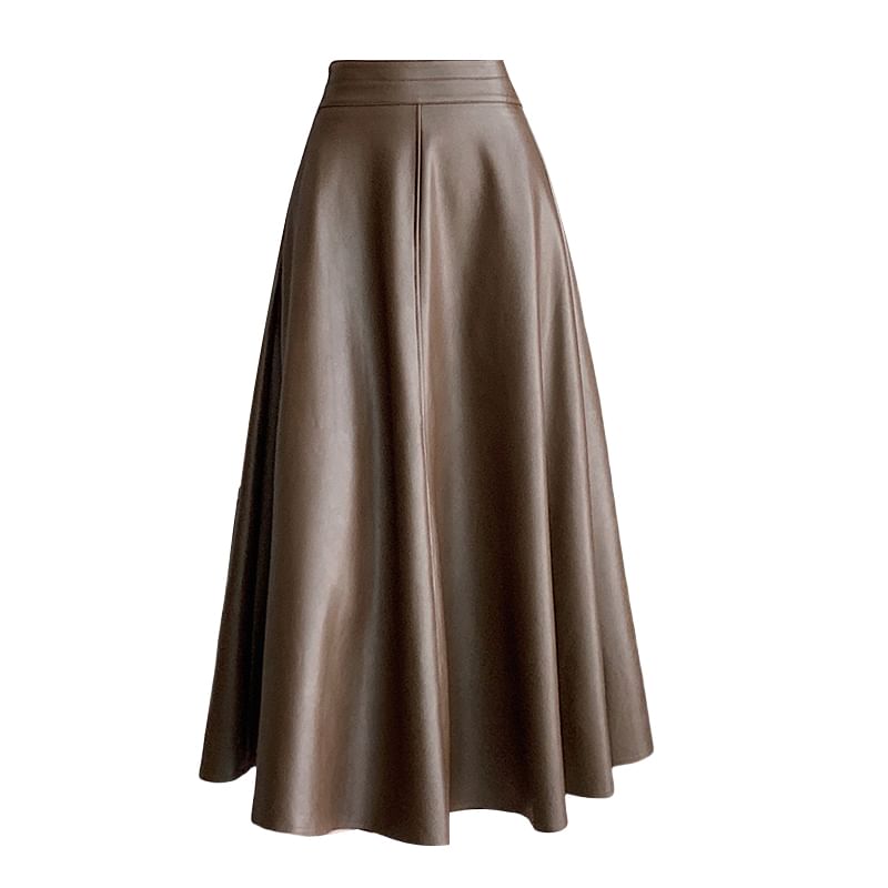 Faux Leather Midi Skirt - High Waist