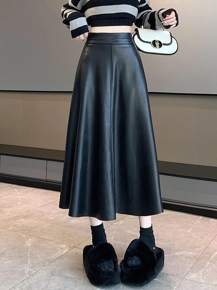 Faux Leather Midi Skirt - High Waist